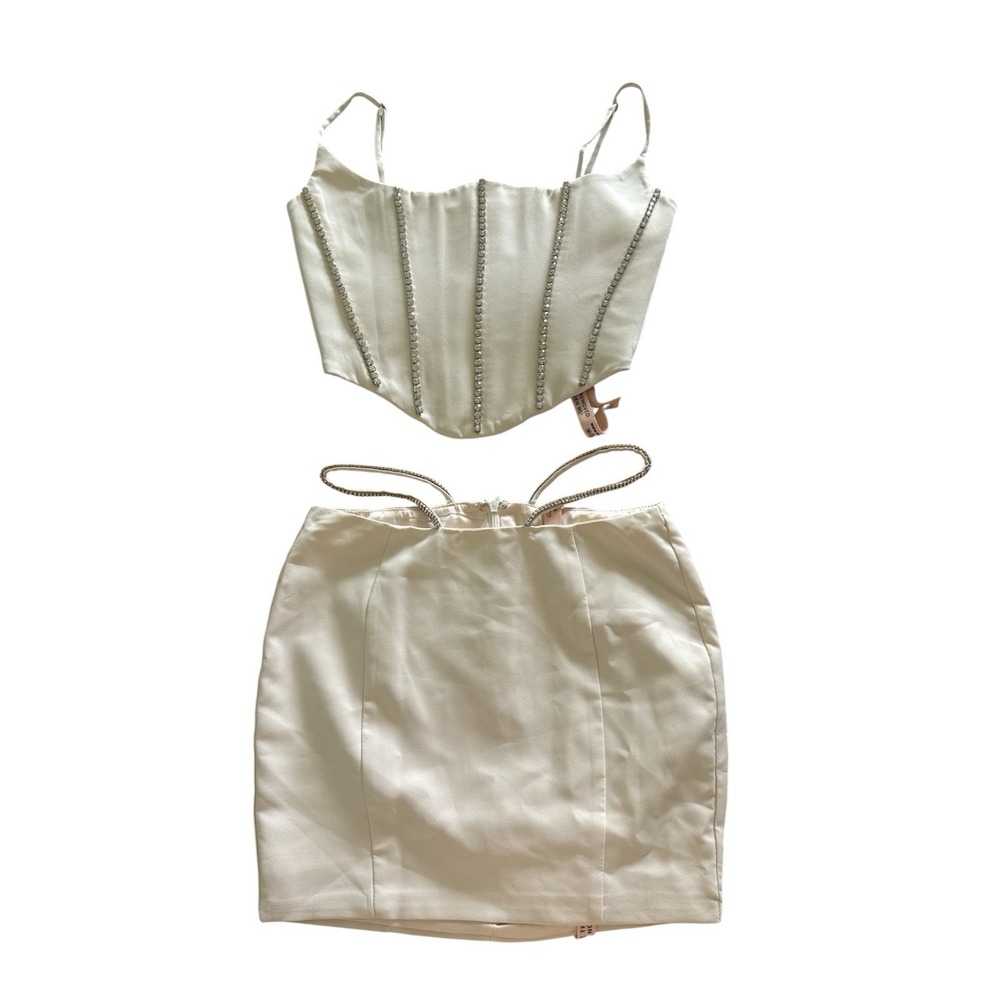 Oh Polly NWT 2-Piece Set Skirt & Corset Top Size 0 XS Cream Jewel Rhinestone - Picture 2 of 8